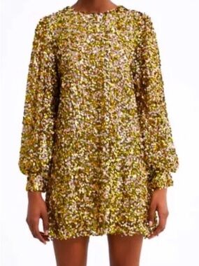 Zara Gold Sequin Long Sleeve Shift Dress